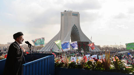 Iranian President Ebrahim Raisi addressing the crowd in Tehran's Azadi Square to mark the 44th anniversary of the 1979 Islamic Revolution, on February 11, 2023.