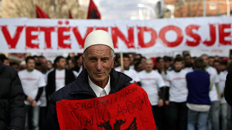 FILE PHOTO. Hundreds of supporters of Kosovo Albanian "Self Determination" movement march during a protest in central Pristina.