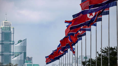North Korean flags at the Kumsusan Palace of the Sun where the embalmed bodies of Kim Il-sung and Kim Jong-il are displayed