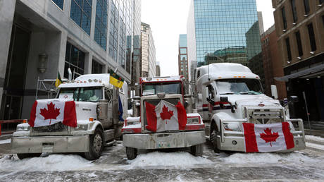 FILE PHOTO. Trucks parked in downtown Ottawa continue to protest Covid-19 vaccine mandates and restrictions, on February 4, 2022 in Ottawa, Canada.