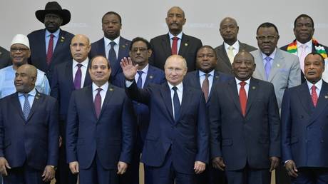 FILE PHOTO: Russian President Vladimir Putin poses for a photo with leaders attending 2019 Russia-Africa Summit in Sochi in 2019.