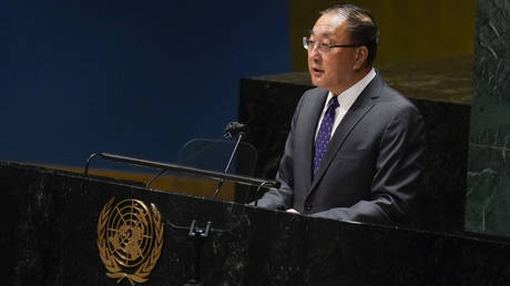 FILE PHOTO. China's Ambassador to the United Nations Zhang Jun speaks during an emergency session of the General Assembly at United Nations headquarters, Thursday, March 24, 2022.