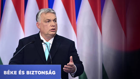 Hungarian Prime Minister Viktor Orban speaks during a yearly State of the Nation address in Budapest, Hungary, Saturday, Feb. 18, 2023.