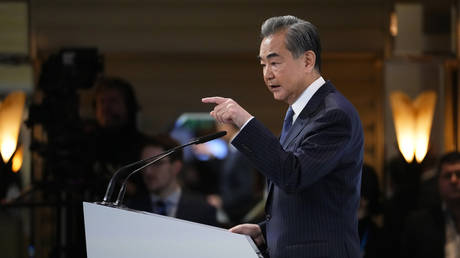 Wang Yi speaks at the Munich Security Conference in Munich, Germany, February 18, 2023.