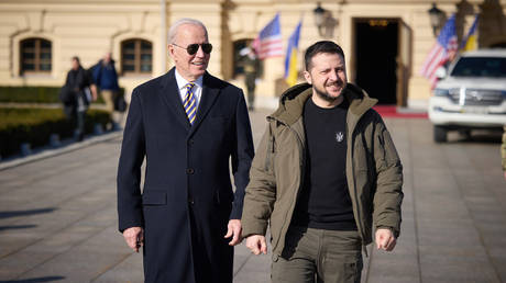 US President Joe Biden and Ukrainian President Vladimir Zelensky meet in Kiev, Ukraine on February 20, 2023.