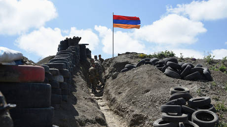 FILE PHOTO: A border check point between Armenia and Azerbaijan near the village of Sotk, Armenia, is seen on June 18, 2021.