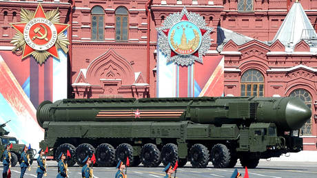 FILE PHOTO: Russian soldiers display the RS-24 Yars long-range nuclear missile during the annual Victory Day military parade.