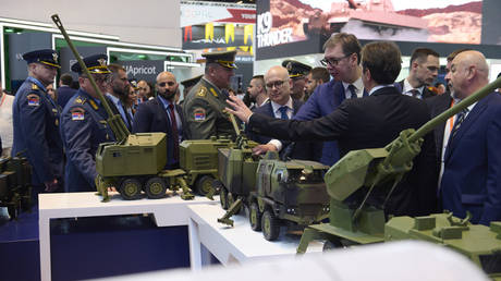 Serbian President Aleksandar Vucic attends the IDEX 2023 in Abu Dhabi, February 21, 2023.