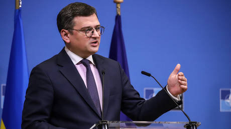 Ukraine's Foreign Minister Dmitry Kuleba speaks at a press conference at the NATO headquarters in Brussels, Belgium, on February 21, 2023.