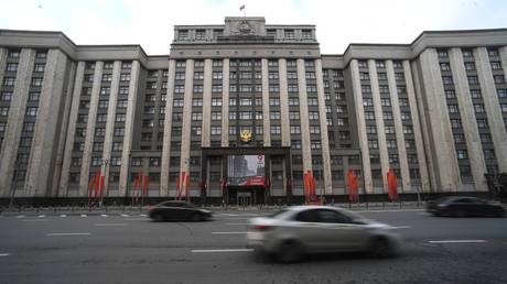 The State Duma building on Okhitny Ryad Street in Moscow.