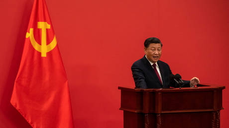 General Secretary and Chinese President Xi Jinping speaks at a press event with Members of the new Standing Committee of the Political Bureau of the Communist Party of China and Chinese and Foreign journalists at The Great Hall of People on October 23, 2022 in Beijing, China.