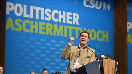 Bavarian Prime Minister Markus Soeder holds a speech at a Political Ash Wednesday event in Passau, Germany, on February 22, 2023.