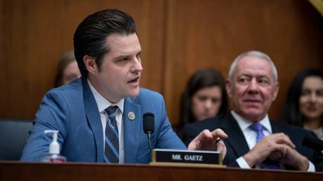 Rep. Matt Gaetz (L) is seen in the US Capitol in Washington, DC, February 1, 2023.