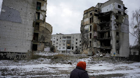 A destroyed building in Borodyanka, Ukraine, February 22, 2023.