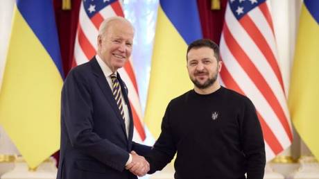 President Joe Biden poses with Ukrainian counterpart Vladimir Zelensky during the US leader's visit to Kiev earlier this week.