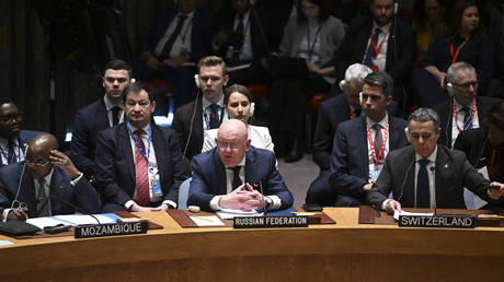 Vassily Nebenzia speaks during UN Security Council on February 24, 2023.