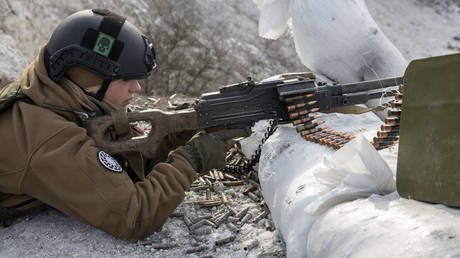 Ukrainian Army replacement troops go through combat training on February 24, 2023.