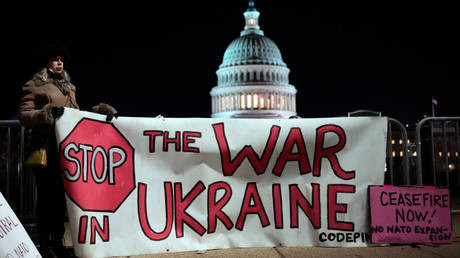 Antiwar protesters demonstrate last December outside the US Capitol in Washington as lawmakers prepare to hear a speech by Ukrainian President Vladimir Zelensky appealing for more aid to fund the conflict in Eastern Europe.