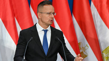 Hungary's Minister of Foreign and Trade Affairs Peter Szijjarto speaks during a press conference in Budapest on October 11, 2021.
