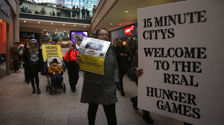 Protesters against 15-minute cities and the Covid-19 vaccination in Leeds, 11 February 2023.
