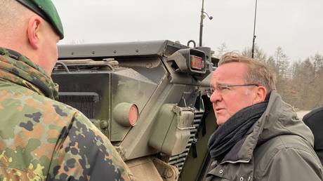 Caption: 20 February 2023, Munster: German Defense Minister Boris Pistorius visits the Bundeswehr tank school in Munster, Germany, on February 20, 2023.
