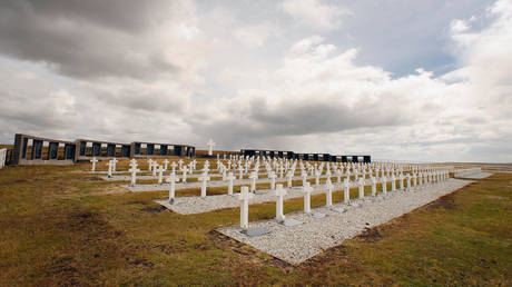 FILE PHOTO: Crucifix shaped grave stones stand in the Argentine cemetary at Darwin, Malvinas/Falkland Islands