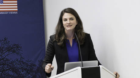 Nina Jankowicz gives a speech on cyber security at the US embassy in Vienna, Austria, October 10, 2019