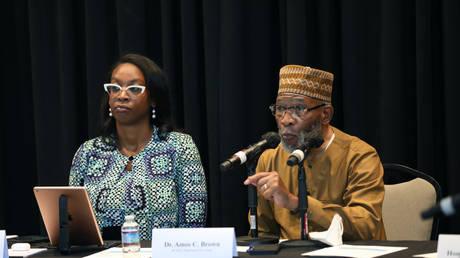 Chair Kamilah Moore (L) and vice-chair Amos Brown (R) of the California Reparations Task Force