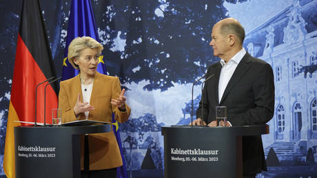 President of the EU Commission Ursula von der Leyen, and German Chancellor Olaf Scholz give a joint press conference in Gransee, Germany, March 5, 2023