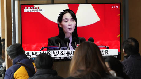 A TV screen shows an image of Kim Yo-jong during a news program at the Seoul Railway Station in Seoul, South Korea, February 20, 2023.