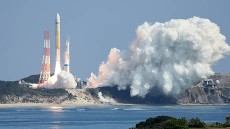 Japan's next generation 'H3' rocket, carrying the advanced optical satellite 'Daichi 3', leaves the launch pad at the Tanegashima Space Center in Kagoshima, southwestern Japan on March 7, 2023.