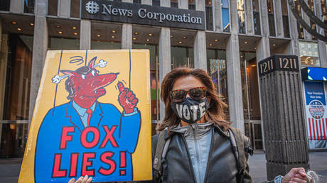 File photo: Democrat activists protest outside Fox News HQ in New York City