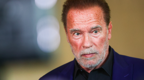 Arnold Schwarzenegger is pictured at the Auschwitz Jewish Center Foundation, after visiting former Nazi German Auschwitz Birkenau concentration and extermination camp. Oswiecim, Poland on September 28, 2022