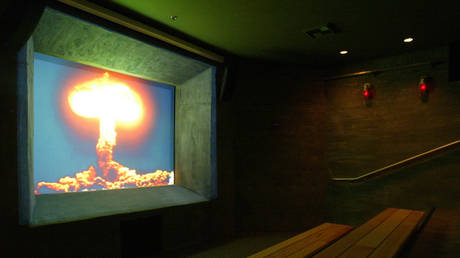 FILE PHOTO: An image of a nuclear blast is seen at the Atomic Testing Museum in Las Vegas, Nevada.