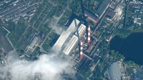 FILE PHOTO: A satellite image purportedly shows damage inflicted to a power facility in Kiev in October 2022.