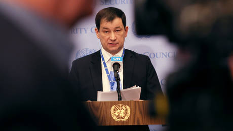 FILE PHOTO: Dmitry Polyansky speaks during a press conference.