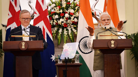 Prime Minister Narendra Modi and his Australian counterpart Anthony Albanese during their joint press statement after a meeting, at the Hyderabad House on March 10, 2023 in New Delhi, India.