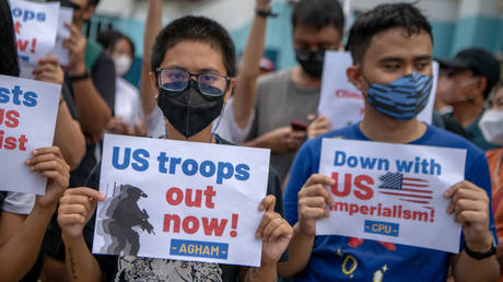 Activists protest against expanded US-Philippine military ties during US Secretary of Defense Lloyd Austin's visit to Manila last month.