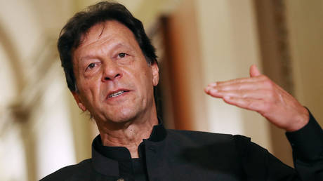 Pakistan Prime Minister Imran Khan makes a brief statement to reporters before a meeting with U.S. House Speaker Nancy Pelosi at the U.S. Capitol July 23, 2019 in Washington, DC