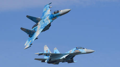 Ukrainian Su-27 fighter jets fly during the Clear Sky 2018 multinational drills.