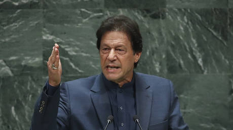 Prime Minister of Pakistan Imran Khan addresses the United Nations General Assembly at UN headquarters on September 27, 2019 in New York City