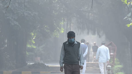 A man wearing a facemask seen near Ranjit Flyover on a smoggy day, on November 17, 2021 in New Delhi, India.