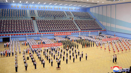 The Korean Children's Union of the Central Committee of the Socialist Patriotic Youth League performing to mark the 80th birthday of former leader Kim Jong Il in Pyongyang.