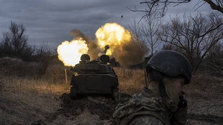 A Ukrainian self-propelled artillery vehicle fires at the front line in the Donetsk People's Republic, Russia, March 2, 2023