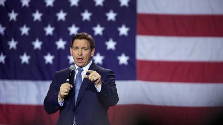 Florida Governor Ron DeSantis speaks earlier this month at a political event in Des Moines, Iowa.