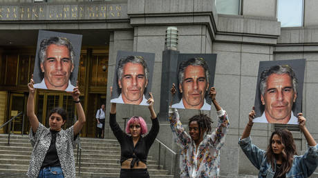 Protesters outside Epstein's 2019 sex trafficking trial