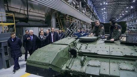 FILE PHOTO: Dmitry Medvedev visits UralVagonZavod machine building company, in Nizhny Tagil, Russia.