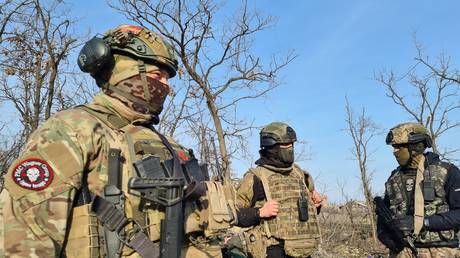 FILE PHOTO: Wagner Group contractors are seen in an area near the city of Artyomovsk on Januray 17, 2023.