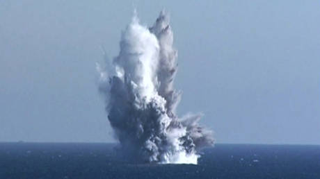 An underwater explosion is seen during a weapons test conducted by the North Korean military, March 23, 2023.