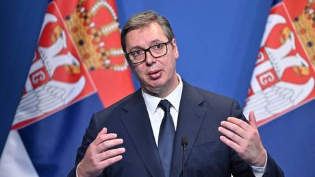 Aleksandar Vucic attends a press conference in Budapest, Hungary, October 3, 2022